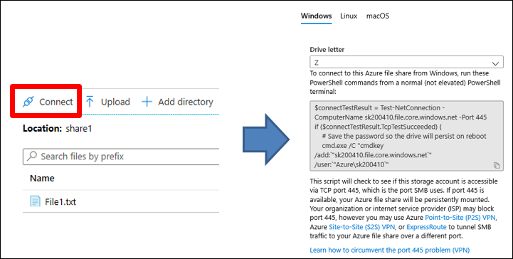 Zrzut ekranu przedstawiający skrypt udostępniany przez witrynę Azure Portal na potrzeby nawiązywania połączenia z udziałem plików platformy Azure i wybrano pozycję Połącz.