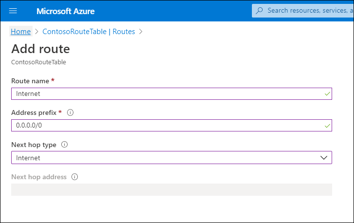 Zrzut ekranu przedstawiający stronę Dodawanie trasy w witrynie Azure Portal. Administrator zdefiniował nazwę trasy jako Internet, prefiks adresu 0.0.0.0.0/0 i typ Następnego przeskoku jako Internet. 