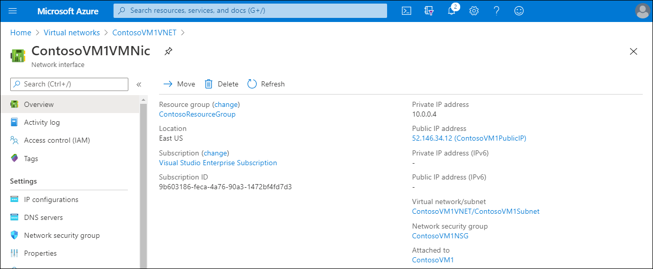 Zrzut ekranu przedstawiający stronę ContosoVM1VMNic w witrynie Azure Portal. Zarówno prywatny adres IP (10.0.0.4) oraz publiczny adres IP (52.146.34.12) (ContosoVM1PublicIP).