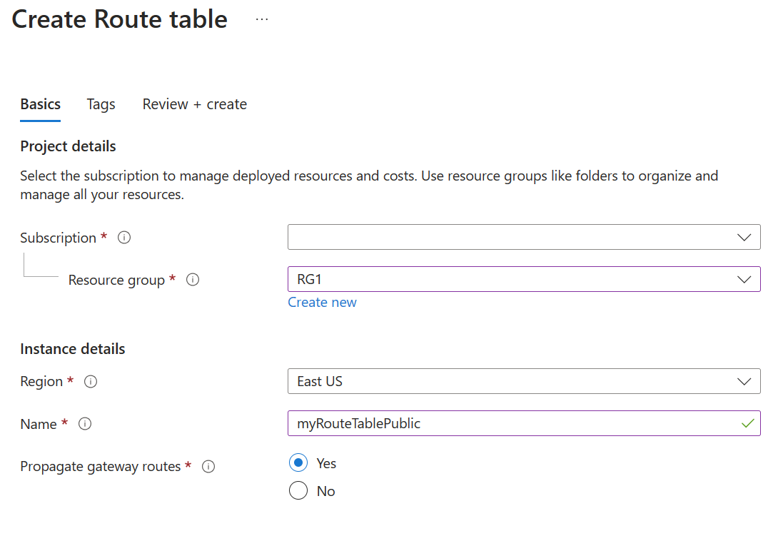 Zrzut ekranu przedstawiający blok tabeli tras w witrynie Azure Portal.