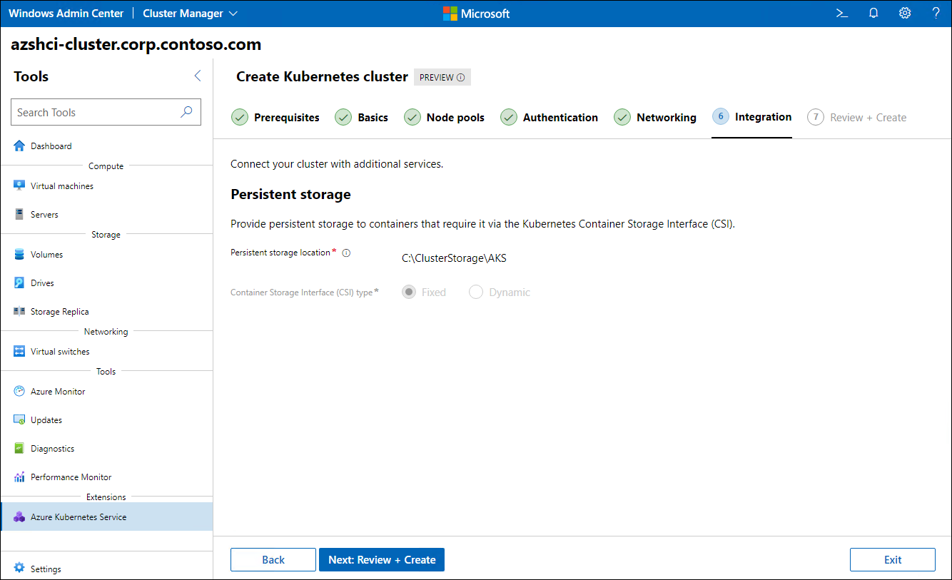 Zrzut ekranu przedstawia krok Integracji kreatora tworzenia klastra Kubernetes w centrum administracyjnym systemu Windows.