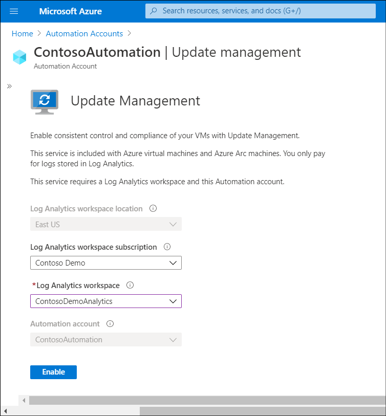 Zrzut ekranu przedstawiający administratora wybierającego rozwiązanie Update Management na koncie obszaru roboczego usługi Log Analytics i koncie usługi Automation.