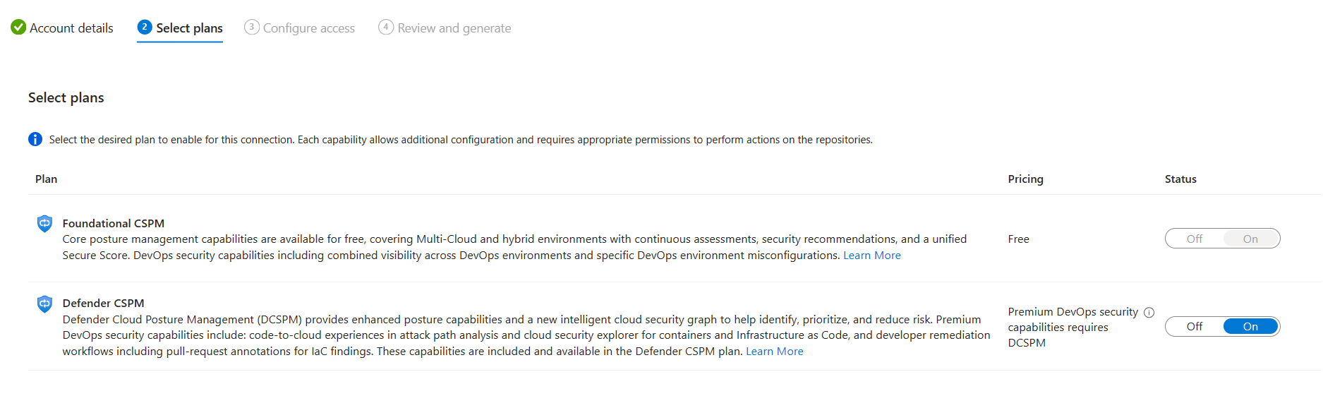 Zrzut ekranu przedstawiający sposób konfigurowania stanu planu CSPM w usłudze Defender dla łącznika usługi GitHub.