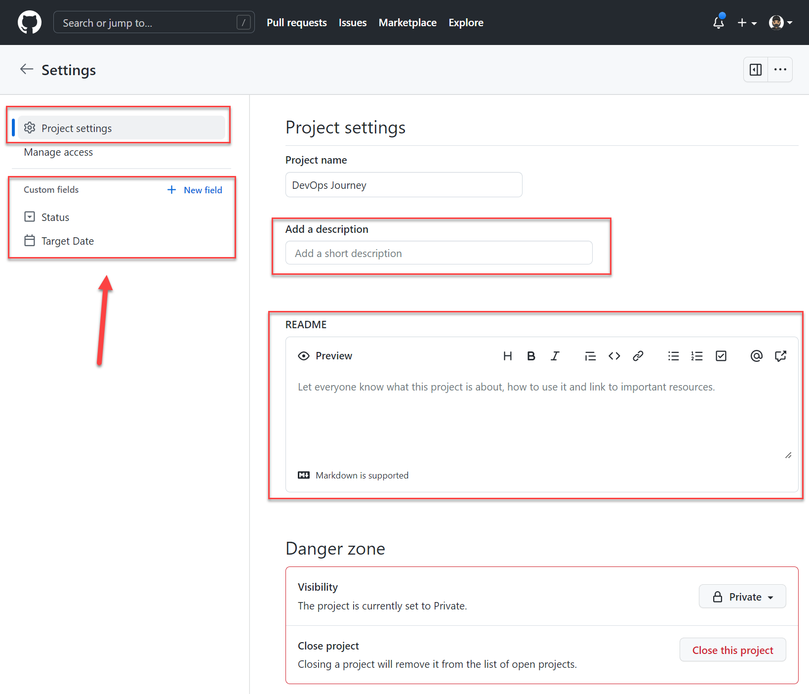 Zrzut ekranu przedstawiający ustawienia usługi GitHub Projects.