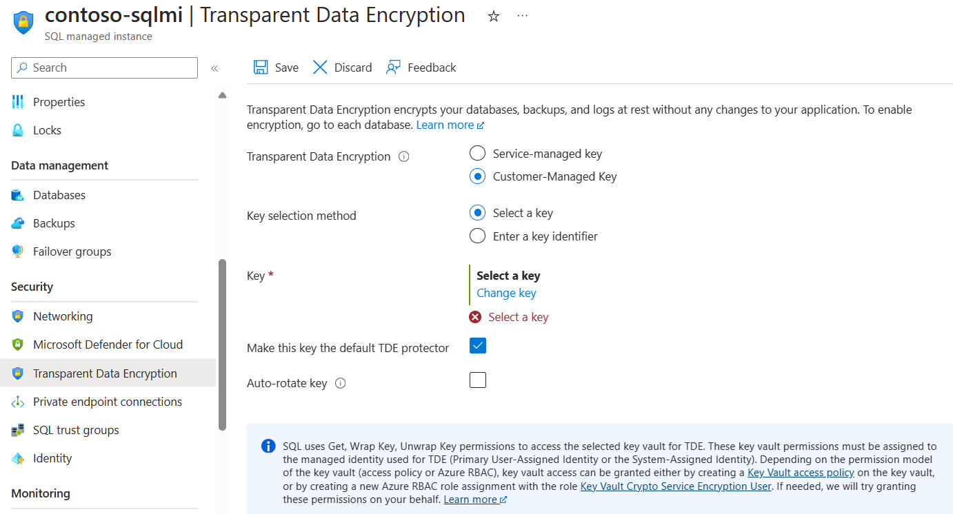 Zrzut ekranu przedstawiający sposób korzystania z funkcji Transparent Data Encryption z obsługą funkcji Bring Your Own Key.