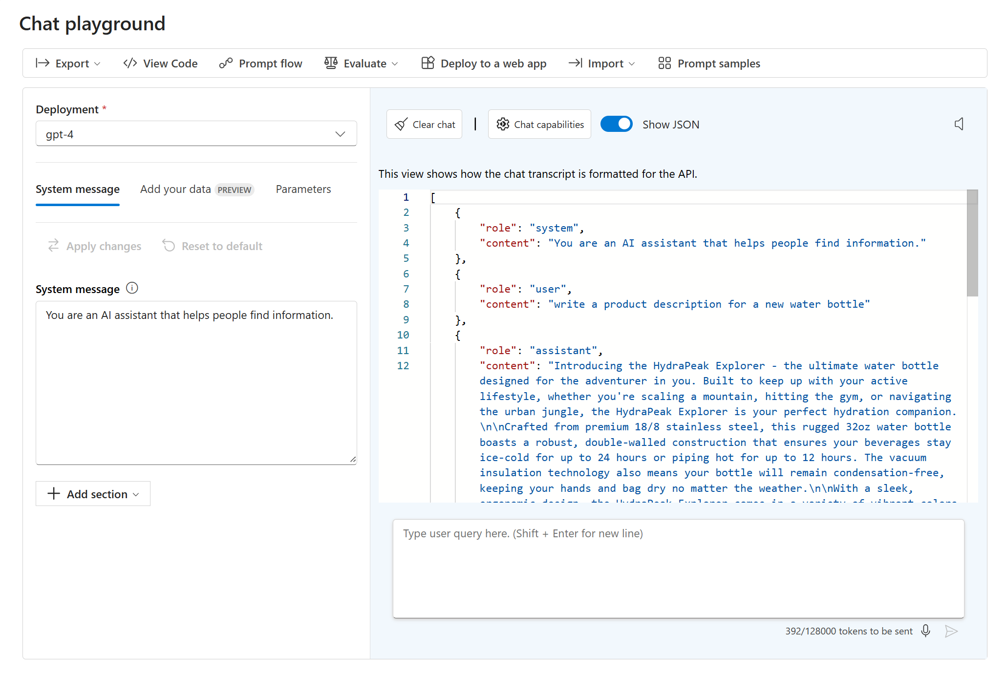 Zrzut ekranu przedstawiający dane wyjściowe JSON konwersacji na placu zabaw czatu.