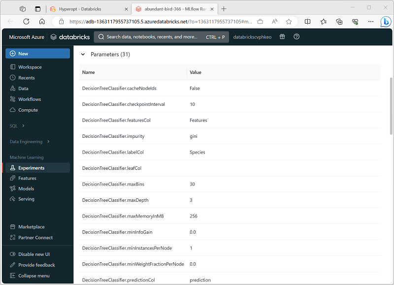 Zrzut ekranu przedstawiający przebieg platformy MLflow dla wersji próbnej funkcji Hyperopt.