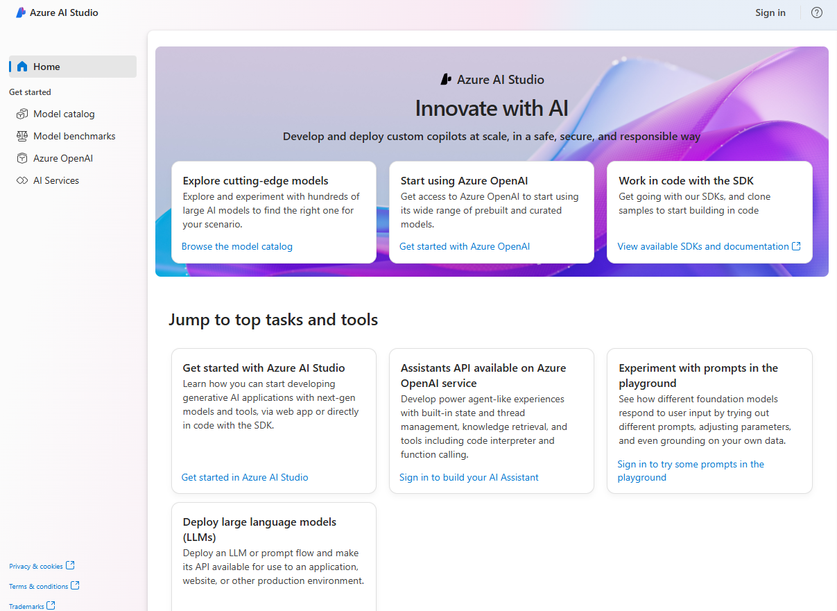 Zrzut ekranu przedstawiający stronę główną programu Azure AI Studio.