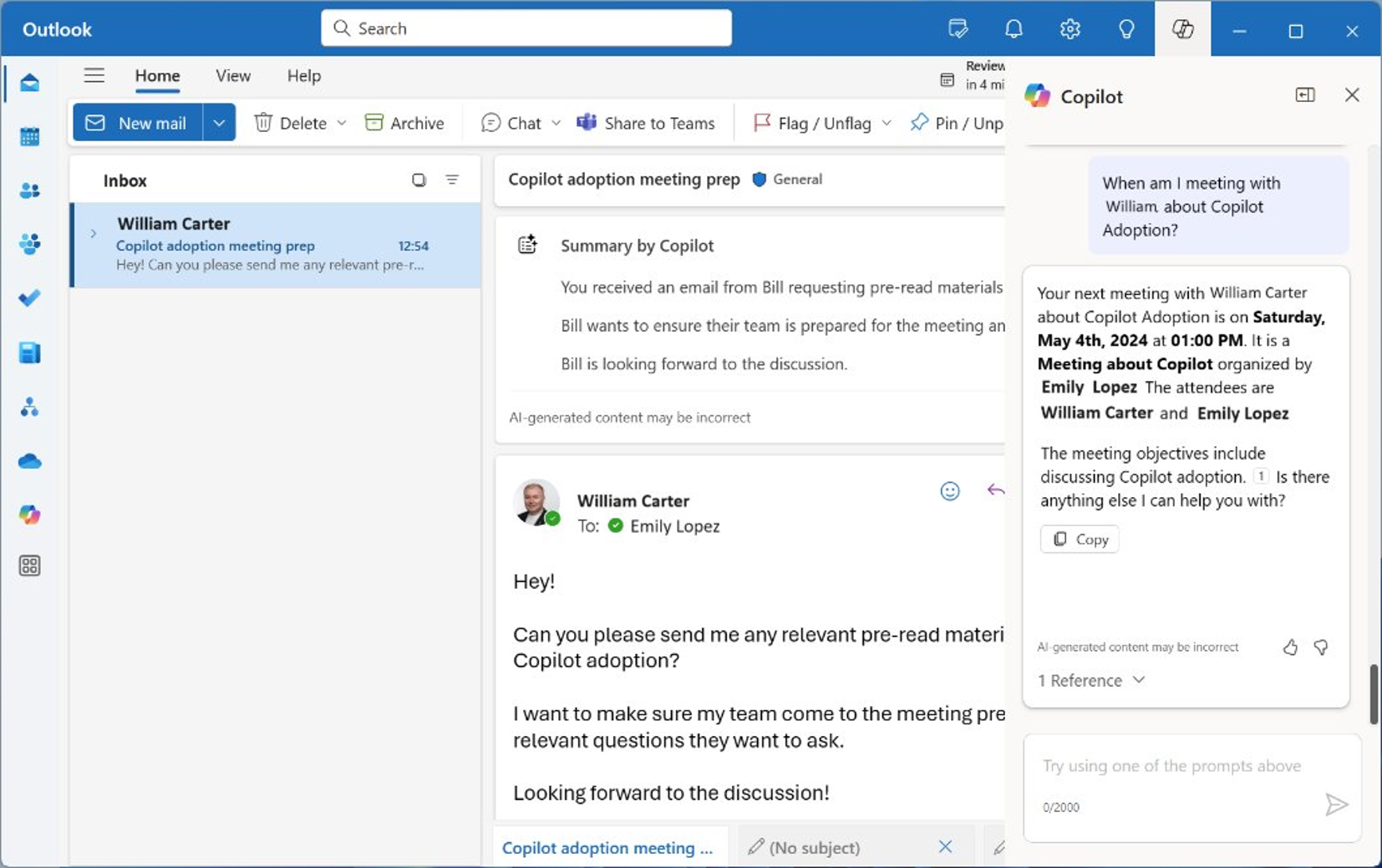 Zrzut ekranu przedstawiający platformę Microsoft 365 Copilot w programie Outlook.