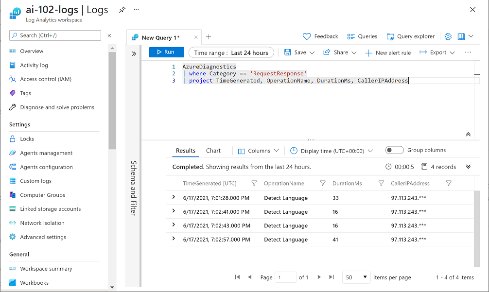 Zrzut ekranu przedstawiający zapytanie usługi Azure Log Analytics zwracające dane diagnostyczne zarejestrowane dla zasobu usług Azure AI.