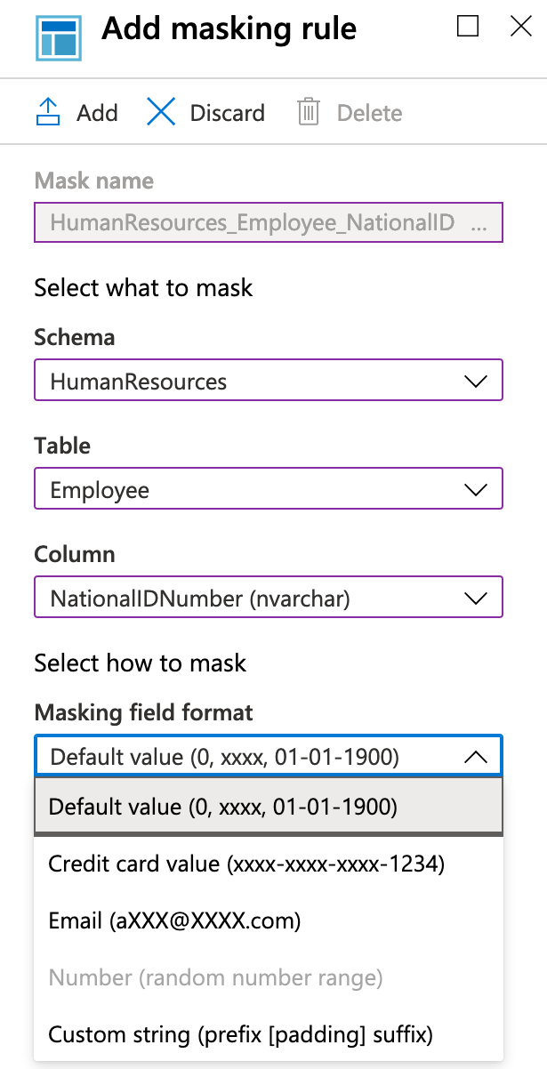 Screenshot of how to add masking rule in Azure portal.