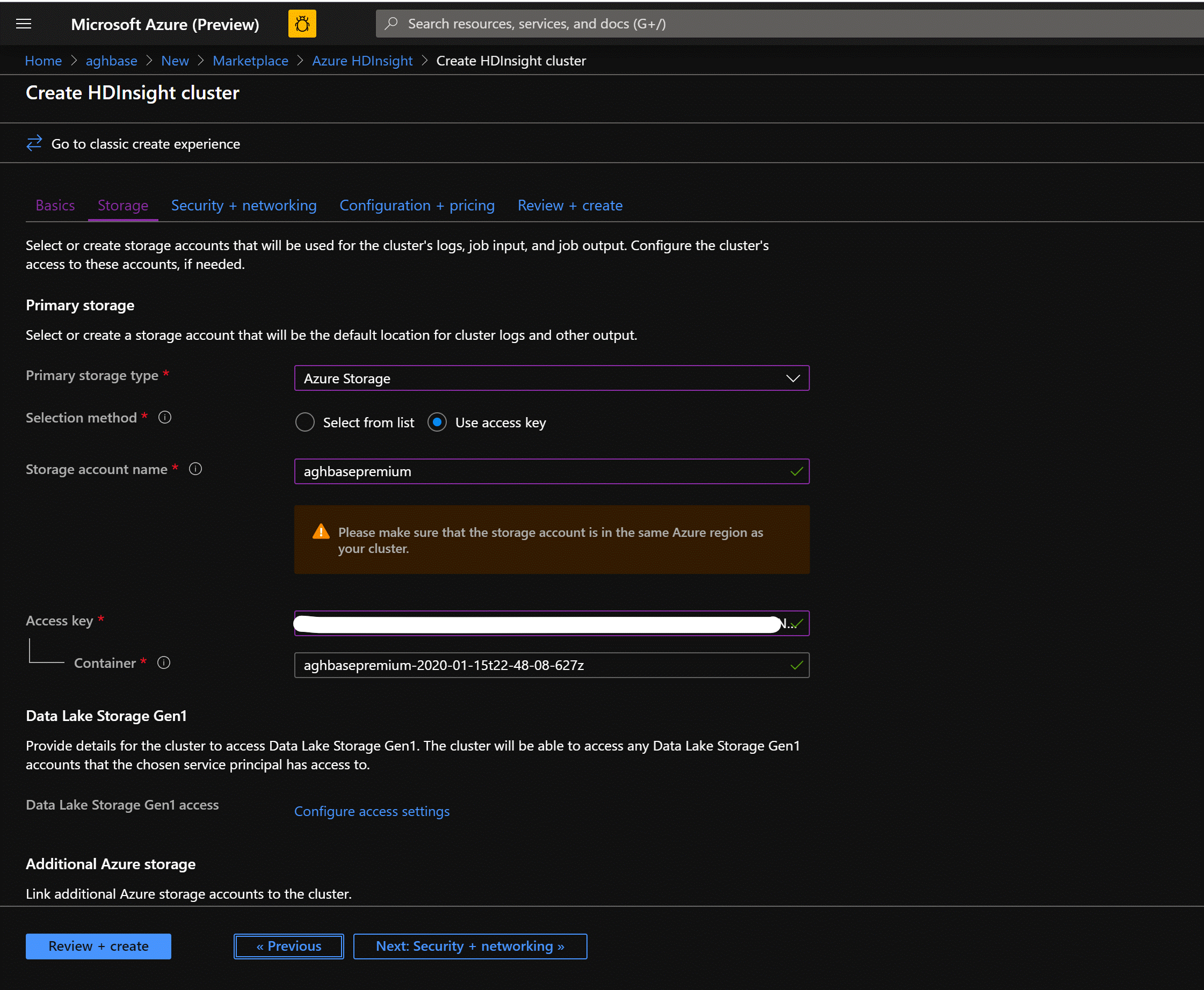 Define Storage settings for Azure HDInsight in the Azure Portal.