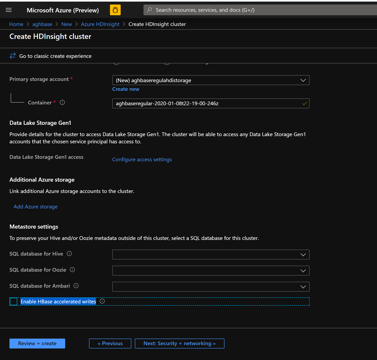 Screenshot shows Enable Accelerated Writes checkbox unchecked, in the Create H D Insight cluster page.