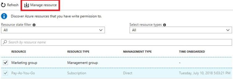 Screenshot of the discovery manage resources page within Azure resources.