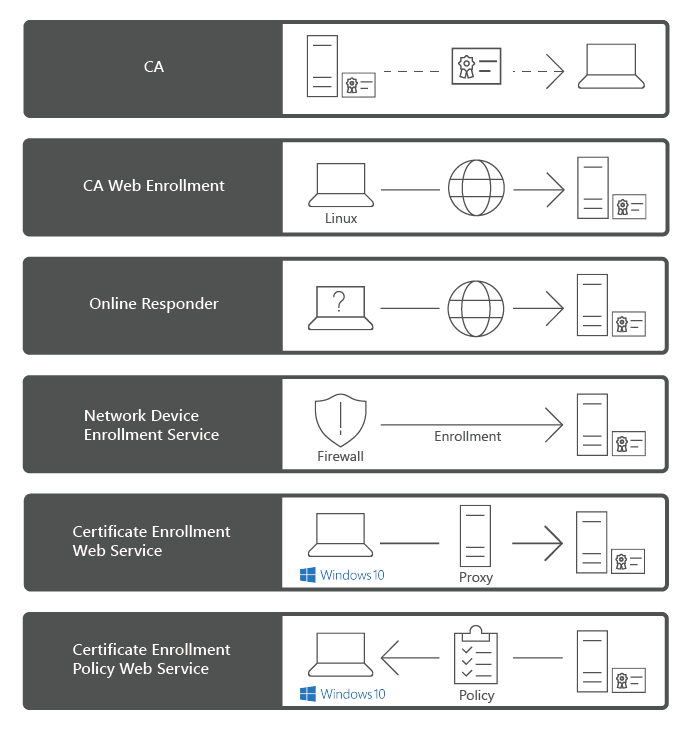 Usługi roli usług AD CS w systemie Windows Server 2019, w tym urząd certyfikacji rejestracji sieci Web, osoba odpowiadająca online, usługa rejestracji urządzeń sieciowych, ces i usługa sieci Web zasad rejestracji certyfikatów.