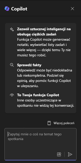 Zrzut ekranu przedstawiający panel czatu funkcji Copilot w usłudze Teams po jego otwarciu po raz pierwszy.