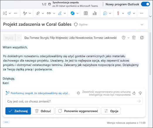 Zrzut ekranu przedstawiający wersję roboczą wiadomości e-mail wygenerowaną przez usługę Copilot w programie Outlook.