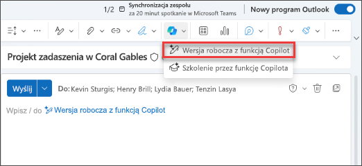 Zrzut ekranu przedstawiający ikonę Copilot na pasku narzędzi programu Outlook.