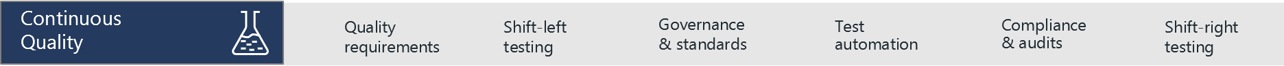 Diagram lists example practices for Continuous Quality: Quality Requirements, Shift-lest testing, Governance and standards, Test automation, Compliance and Audits, and Shift-right testing.