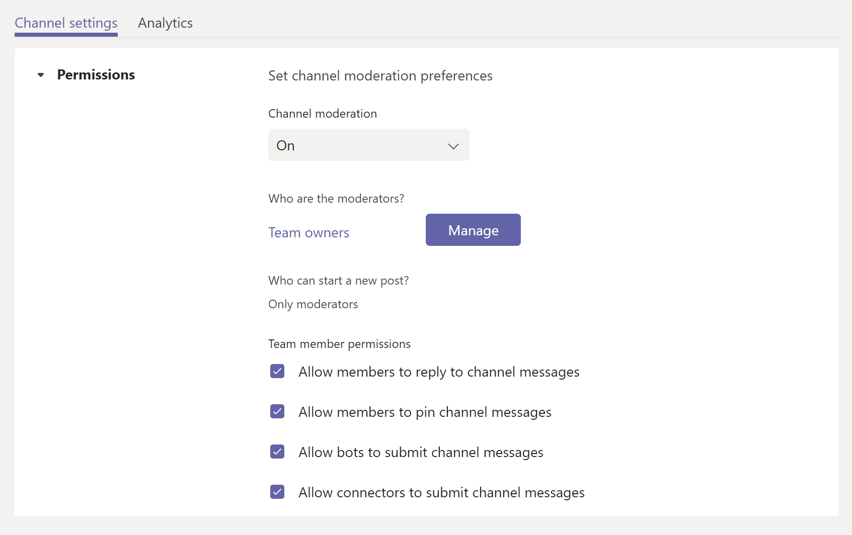  Screenshot of channel moderation settings.