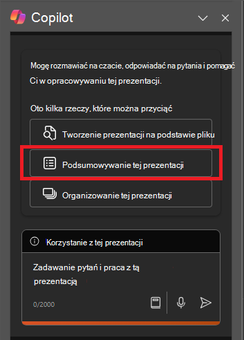 Zrzut ekranu przedstawiający panel funkcji Copilot w programie PowerPoint po jego otwarciu po raz pierwszy.