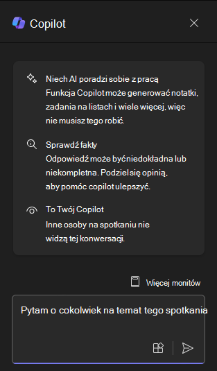 Zrzut ekranu przedstawiający panel czatu funkcji Copilot w usłudze Teams po jego otwarciu po raz pierwszy.