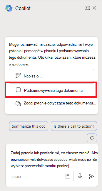 Zrzut ekranu przedstawiający panel funkcji Copilot w programie Word po jego otwarciu po raz pierwszy.