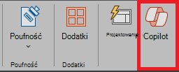 Zrzut ekranu przedstawiający ikonę funkcji Copilot na wstążce programu PowerPoint.