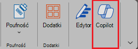 Zrzut ekranu przedstawiający ikonę funkcji Copilot na wstążce w programie Word.