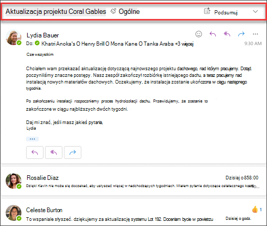 Zrzut ekranu funkcji Podsumowanie przez funkcję Copilot w programie Outlook.