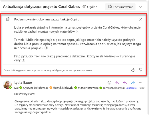 Zrzut ekranu podsumowania wyników według funkcji Copilot w programie Outlook.