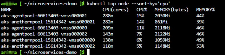 Zrzut ekranu przedstawiający uruchamianie polecenia kubectl top node.