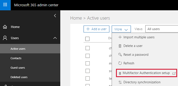 Zrzut ekranu przedstawia, że można skonfigurować usługę M F A z Centrum administracyjne platformy Microsoft 365.