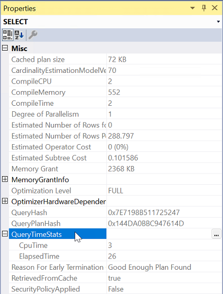 Zrzut ekranu przedstawiający okno właściwości planu wykonywania programu SQL Server z rozwiniętą właściwością QueryTimeStats.