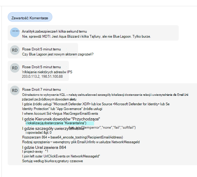 Zrzut ekranu przedstawiający nieformalne komentarze między analitykami.