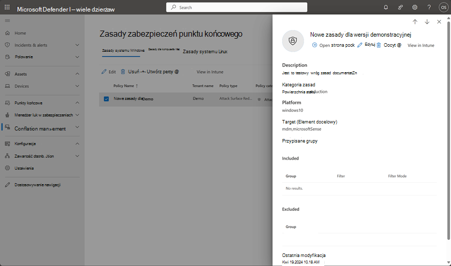 Zrzut ekranu przedstawiający stronę edytowania zasad zabezpieczeń punktu końcowego w ramach zarządzania wielodostępnego w Microsoft Defender XDR.