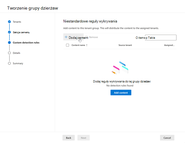 Zrzut ekranu przedstawiający kreatora dodawania niestandardowych reguł wykrywania.