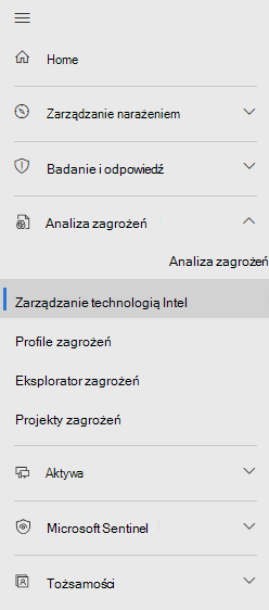 Zrzut ekranu przedstawiający nowe rozmieszczenie menu na potrzeby analizy zagrożeń Microsoft Sentinel.