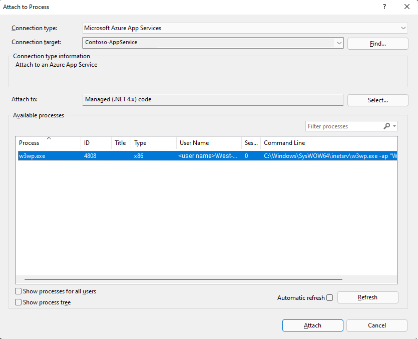 Zrzut ekranu przedstawiający okno Dołączanie do procesu z wyświetlonymi procesami uruchomionymi w wybranej usłudze App Service.
