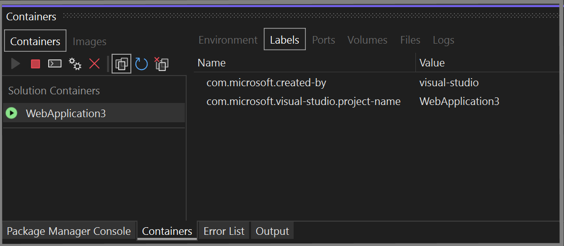 Zrzut ekranu przedstawiający okno Kontenery w programie Visual Studio z kartą Etykiety.