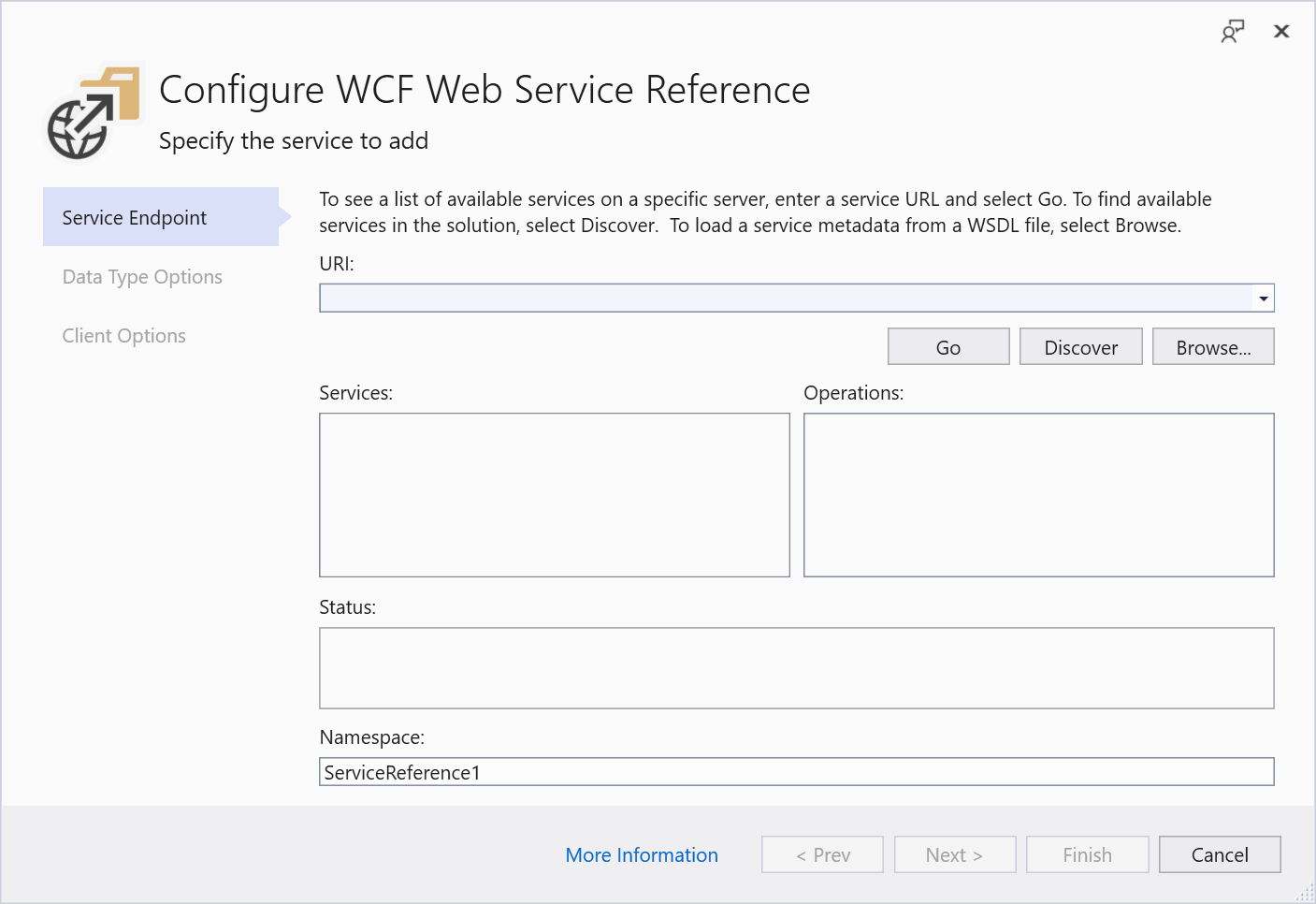 Zrzut ekranu przedstawiający okno dialogowe Dostawcy usług sieci Web WCF