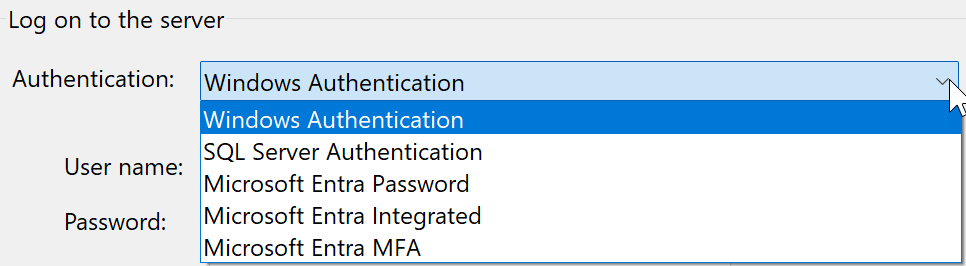 Zrzut ekranu przedstawiający typy uwierzytelniania dla programu Visual Studio 17.8 lub nowszego.