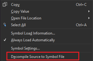 Zrzut ekranu przedstawiający menu kontekstowe zestawu w oknie modułów z poleceniem dekompilowania źródła.