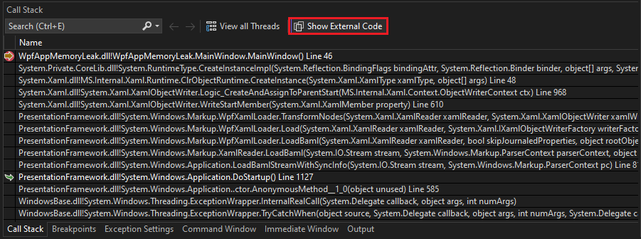 Zrzut ekranu okna stosu wywołań pokazujący kod zewnętrzny.