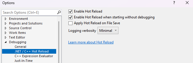 Screenshot of settings for .NET Hot Reload.