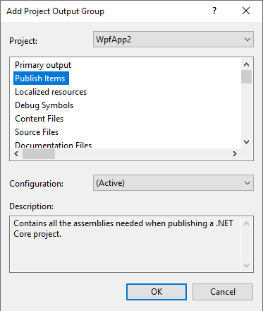 Grupa danych wyjściowych Publish Items (Publikowanie elementów) w oknie dialogowym Dodawanie grupy danych wyjściowych projektu