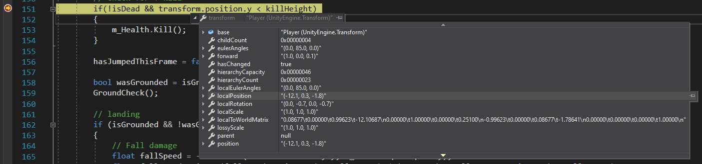 Zrzut ekranu przedstawiający program Visual Studio zatrzymany w punkcie przerwania sprawdzającym zmienne.