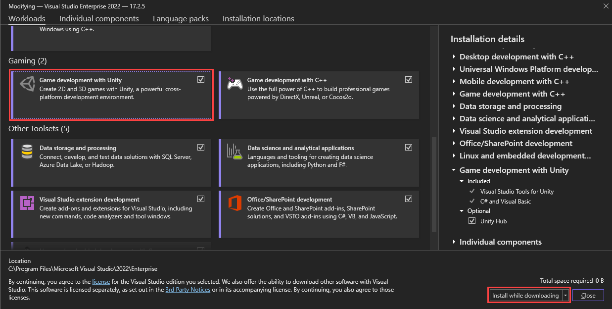 Screenshot of the game development with Unity workload checkbox in the installer.