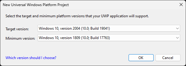 Screenshot of the New Universal Windows Platform Project dialog box showing the default Target version and Minimum version settings.