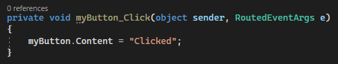 Zrzut ekranu przedstawiający kod języka C# dla domyślnego programu obsługi zdarzeń myButton_Click.